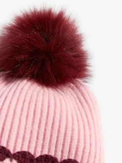 Love & Roses Pink Scallop Trim Ribbed Pom Hat and Gloves Set