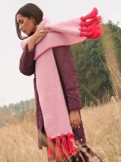 Love & Roses Pink/Red Tassel Cosy Contrast Brushed Scarf