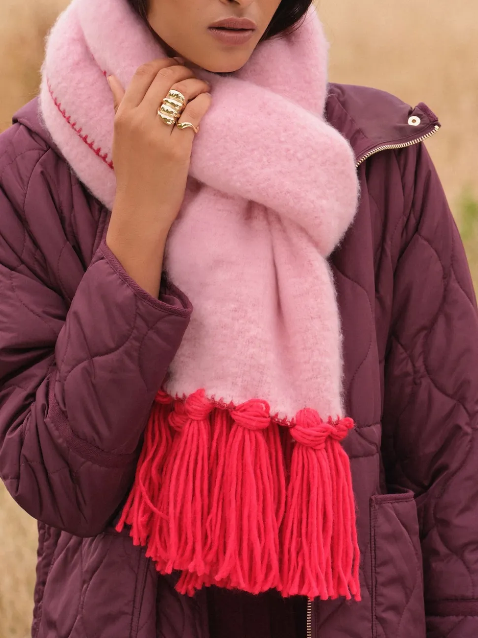 Love & Roses Pink/Red Tassel Cosy Contrast Brushed Scarf