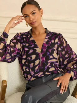 Love & Roses Purple Animal Long Sleeve Zip Front Blouse