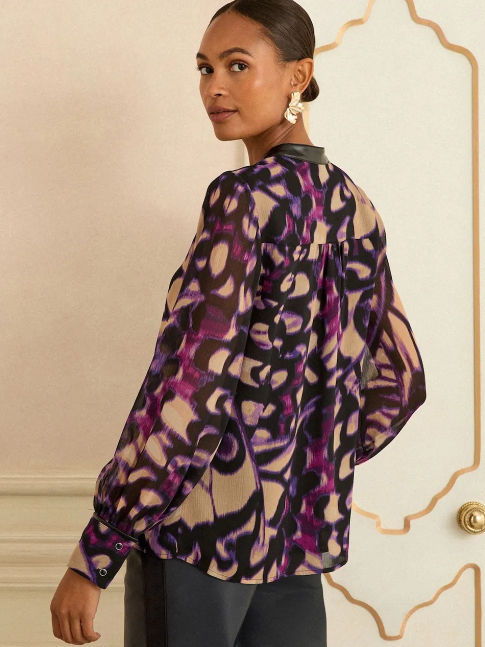 Love & Roses Purple Animal Long Sleeve Zip Front Blouse