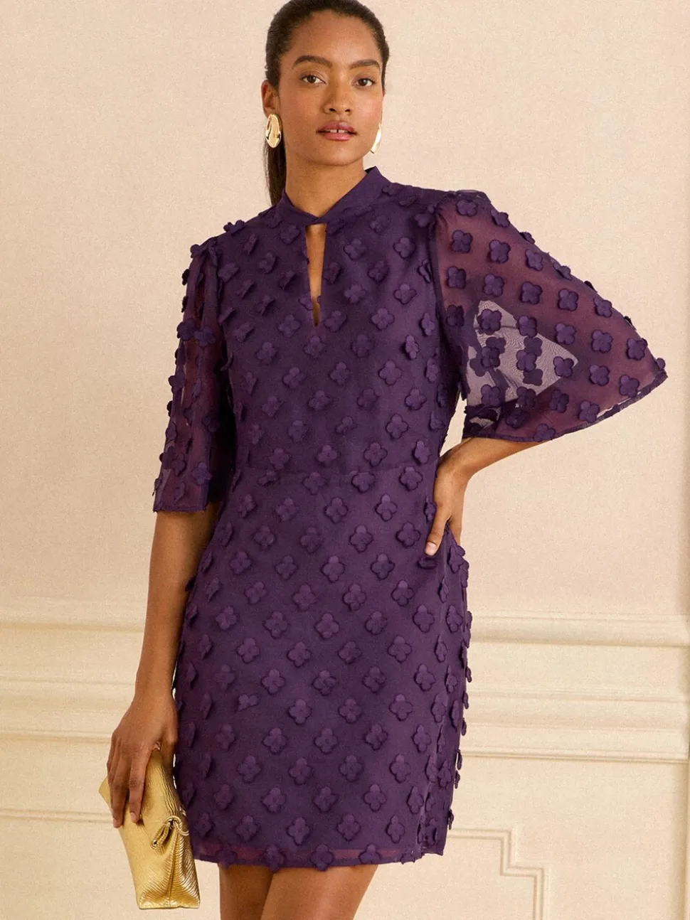 Love & Roses Purple Petite 3D Floral Angel Sleeve Mini Dress