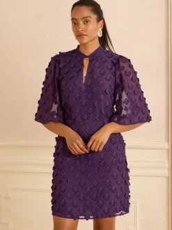 Love & Roses Purple Petite 3D Floral Angel Sleeve Mini Dress
