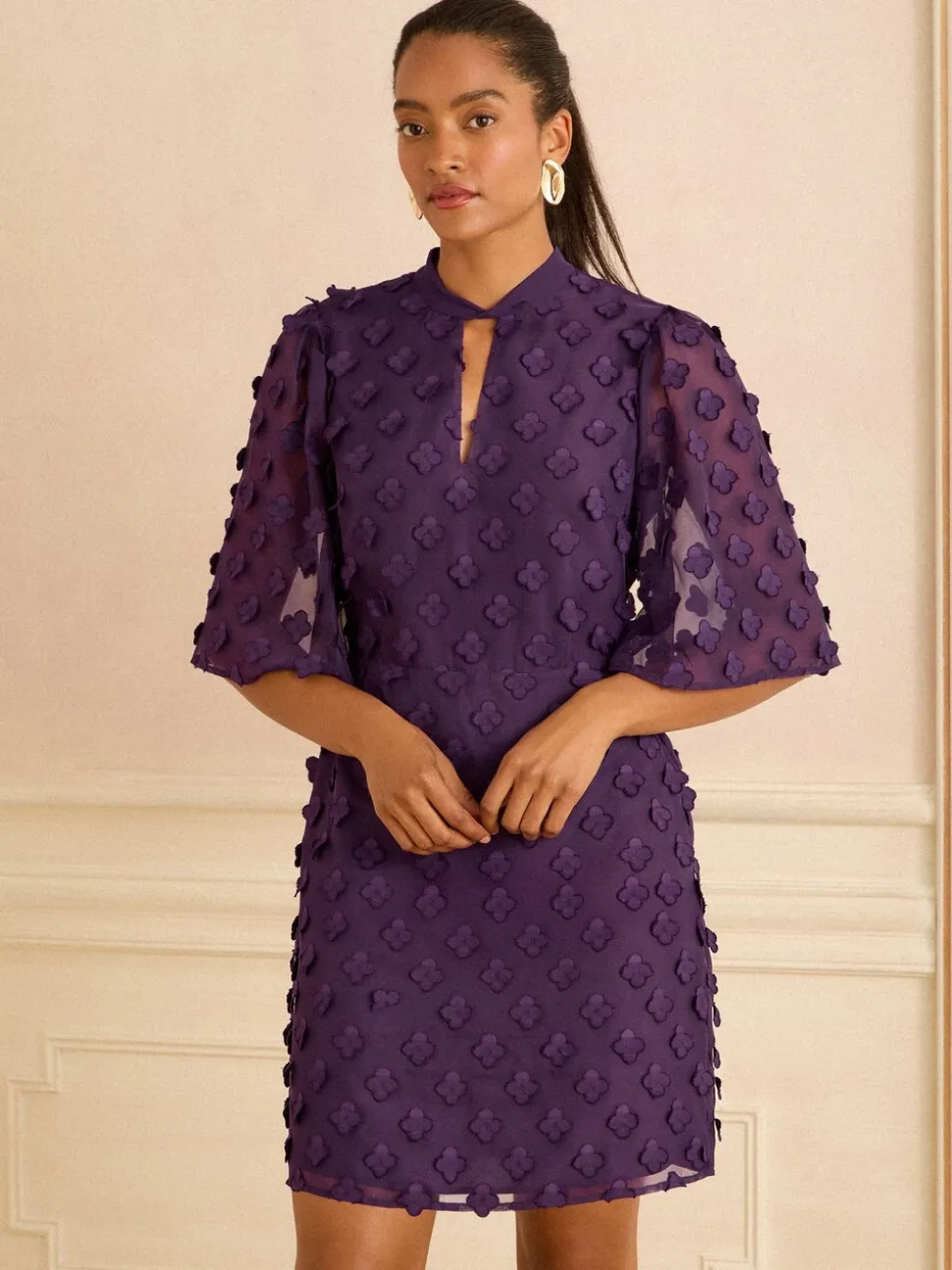 Love & Roses Purple Petite 3D Floral Angel Sleeve Mini Dress