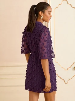 Love & Roses Purple Petite 3D Floral Angel Sleeve Mini Dress