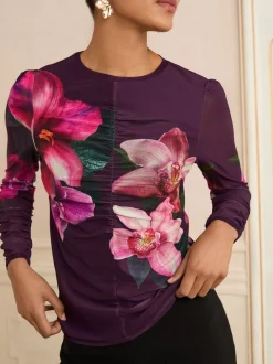 Love & Roses Purple Printed Long Sleeve Mesh Top