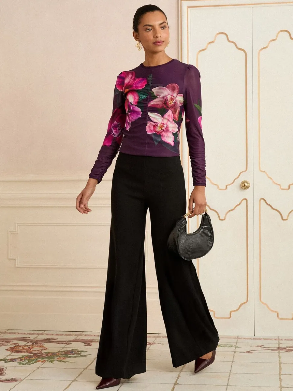 Love & Roses Purple Printed Long Sleeve Mesh Top