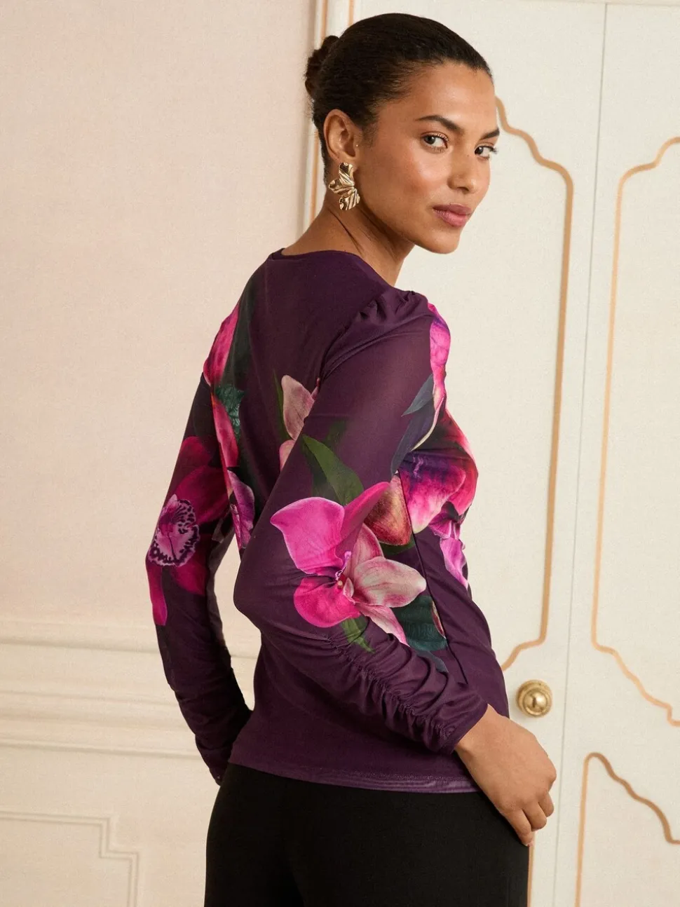 Love & Roses Purple Printed Long Sleeve Mesh Top