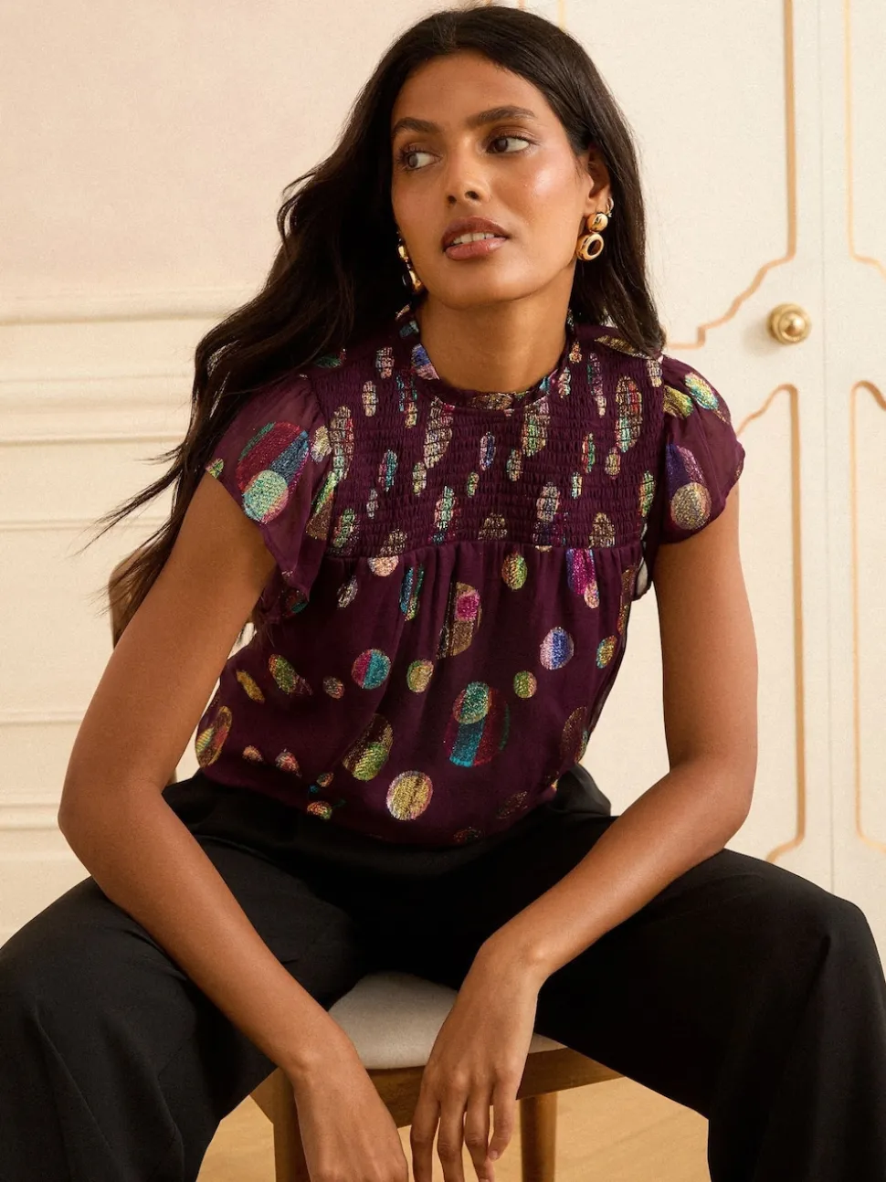 Love & Roses Purple Spot Metallic Crew Neck Shell Top