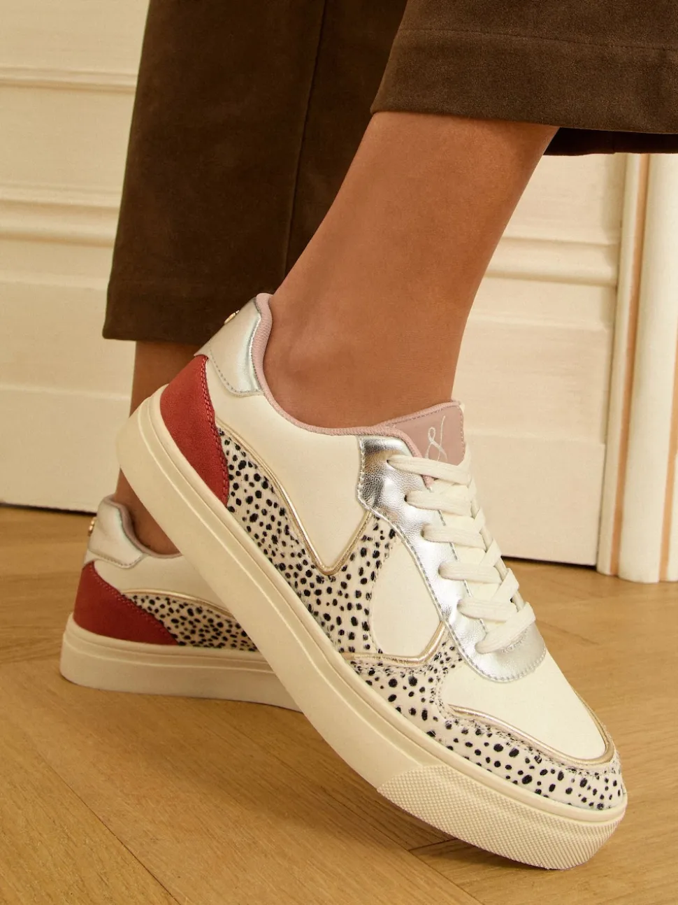 Love & Roses Real Leather Multi White Spot Mix Flatform Comfort Retro Low Top Trainers