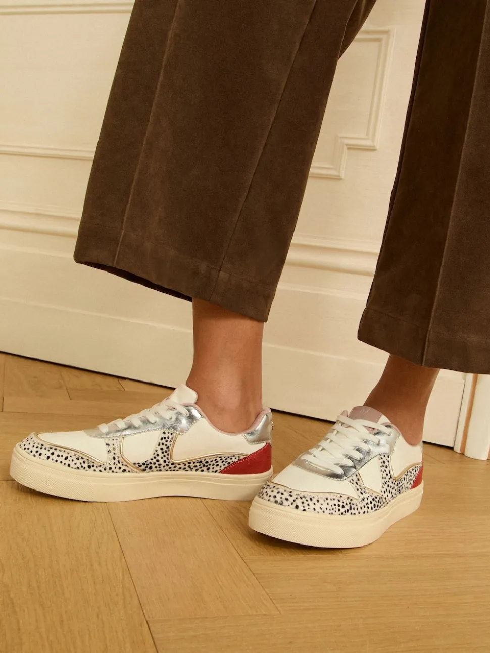 Love & Roses Real Leather Multi White Spot Mix Flatform Comfort Retro Low Top Trainers