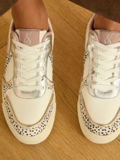 Love & Roses Real Leather Multi White Spot Mix Flatform Comfort Retro Low Top Trainers