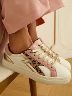 Love & Roses Real Leather Pink Leopard White Mix Flatform Comfort Retro Low Top Trainers