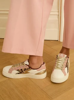 Love & Roses Real Leather Pink Leopard White Mix Flatform Comfort Retro Low Top Trainers