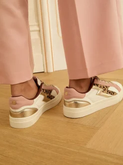 Love & Roses Real Leather Pink Leopard White Mix Flatform Comfort Retro Low Top Trainers