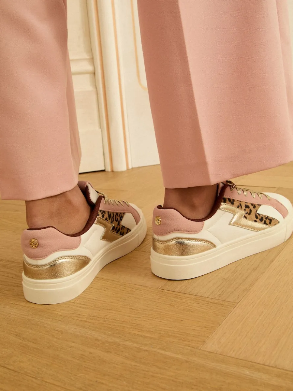 Love & Roses Real Leather Pink Leopard White Mix Flatform Comfort Retro Low Top Trainers