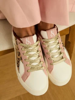 Love & Roses Real Leather Pink Leopard White Mix Flatform Comfort Retro Low Top Trainers