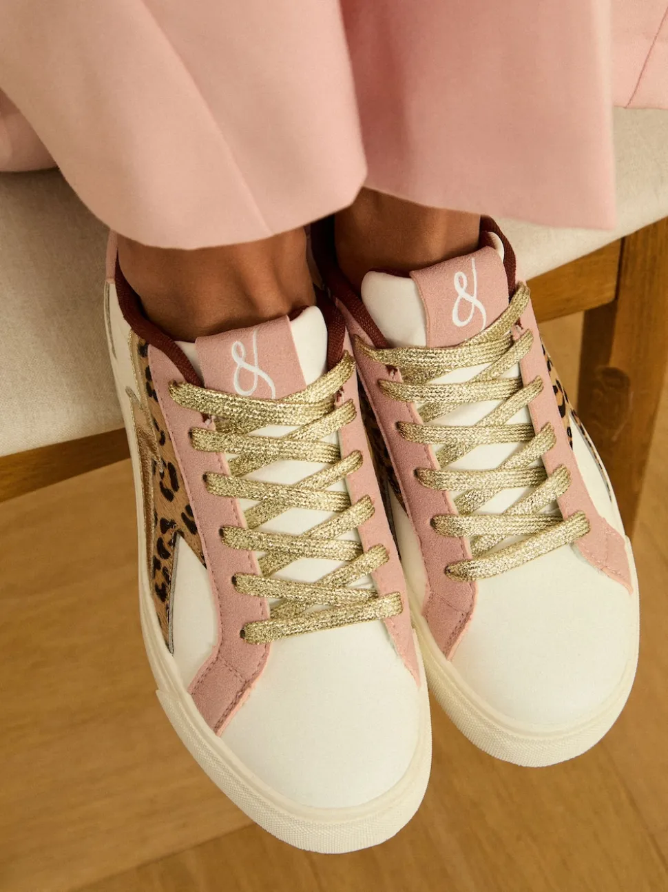 Love & Roses Real Leather Pink Leopard White Mix Flatform Comfort Retro Low Top Trainers