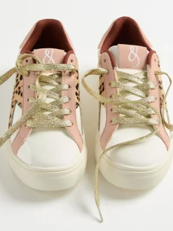Love & Roses Real Leather Pink Leopard White Mix Flatform Comfort Retro Low Top Trainers