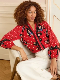Love & Roses Red Animal Notch Neck Long Sleeve Blouse