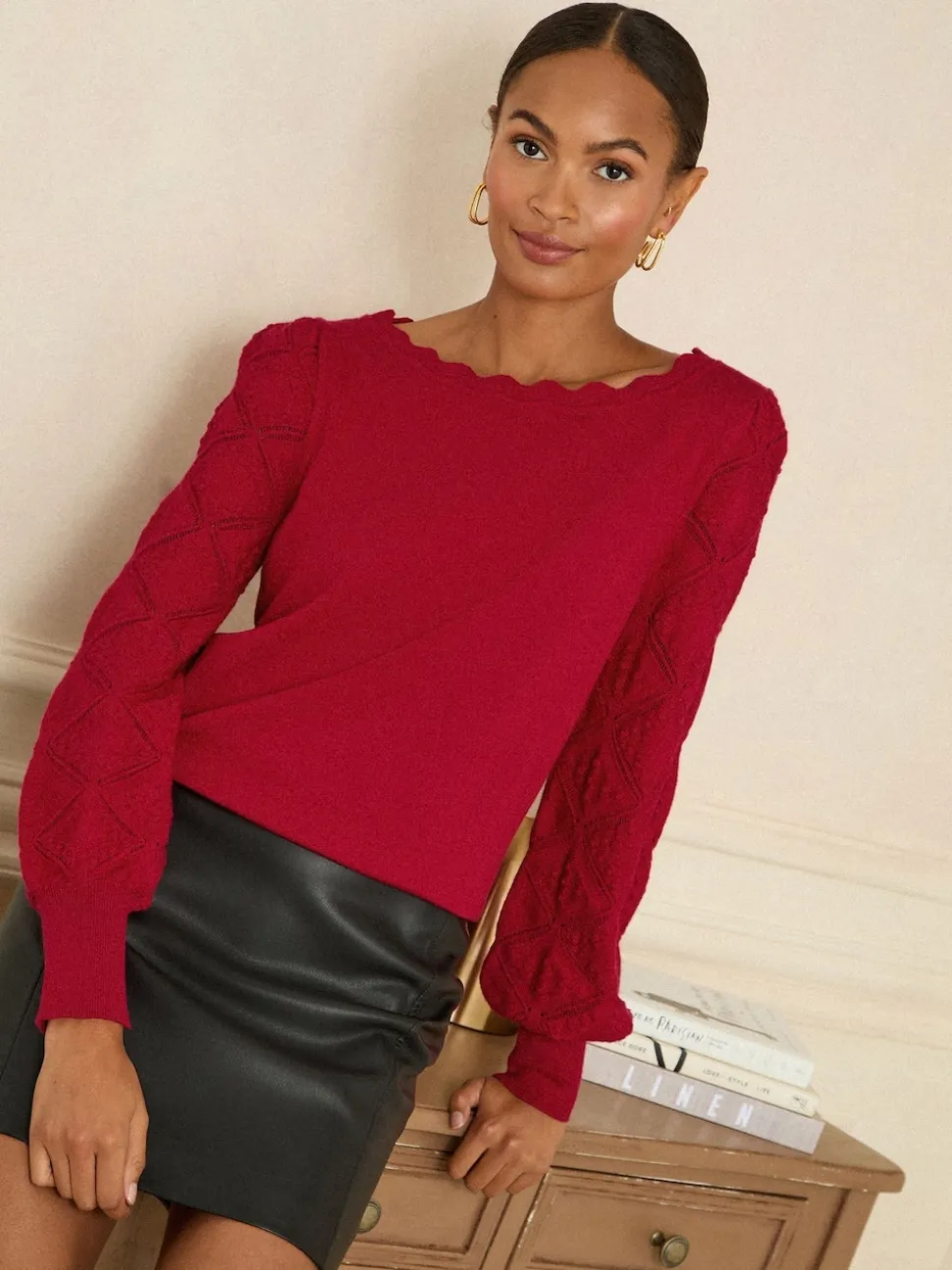 Love & Roses Red Bobble Stitch Scallop Knit Jumper