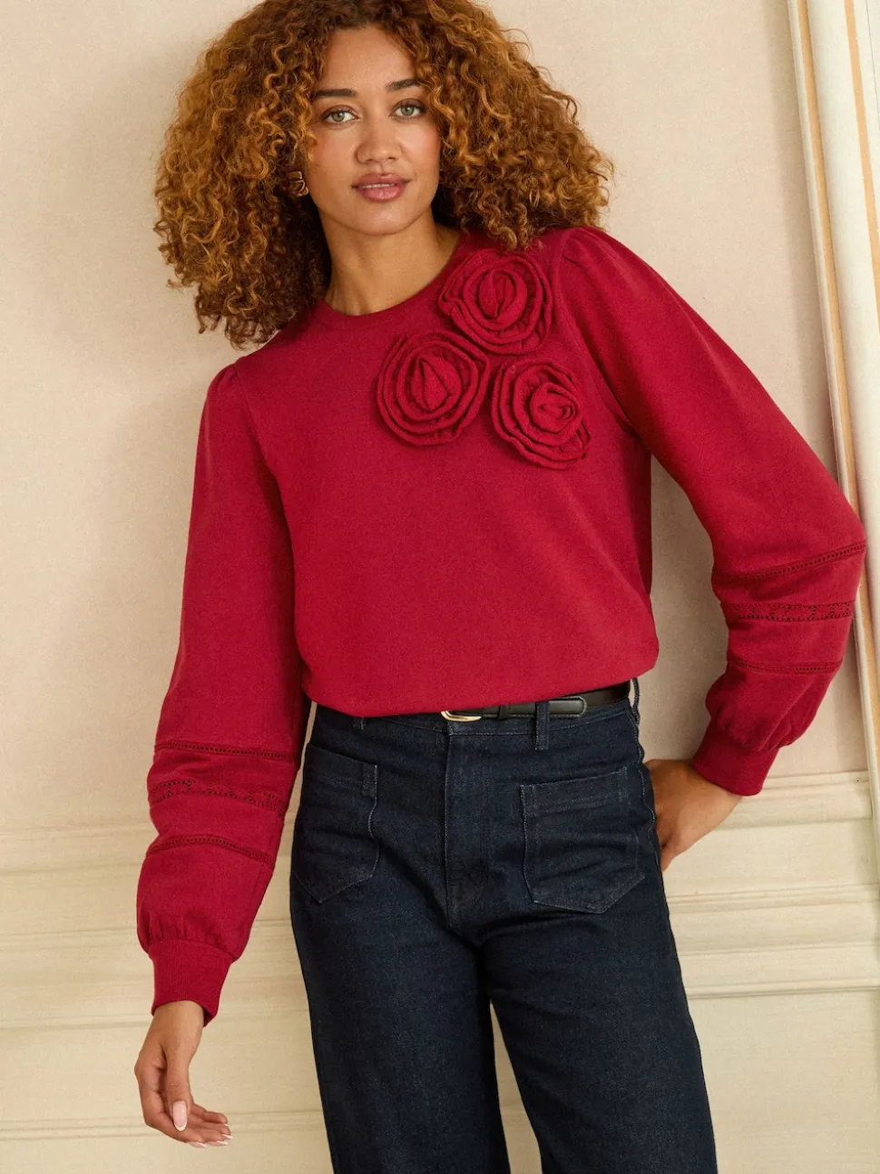 Love & Roses Red Corsage Detail Crew Neck Jersey Sweatshirt