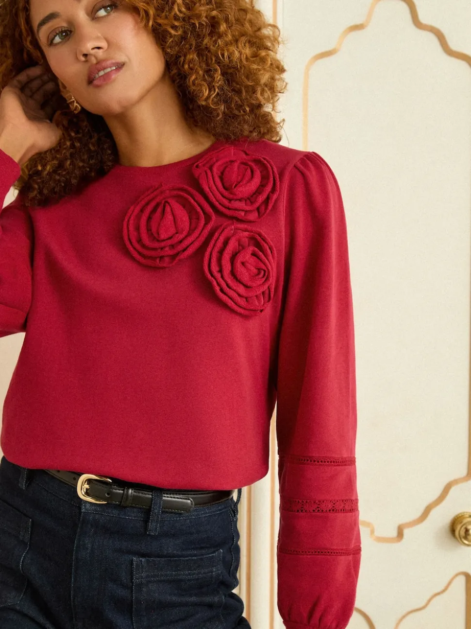 Love & Roses Red Corsage Detail Crew Neck Jersey Sweatshirt