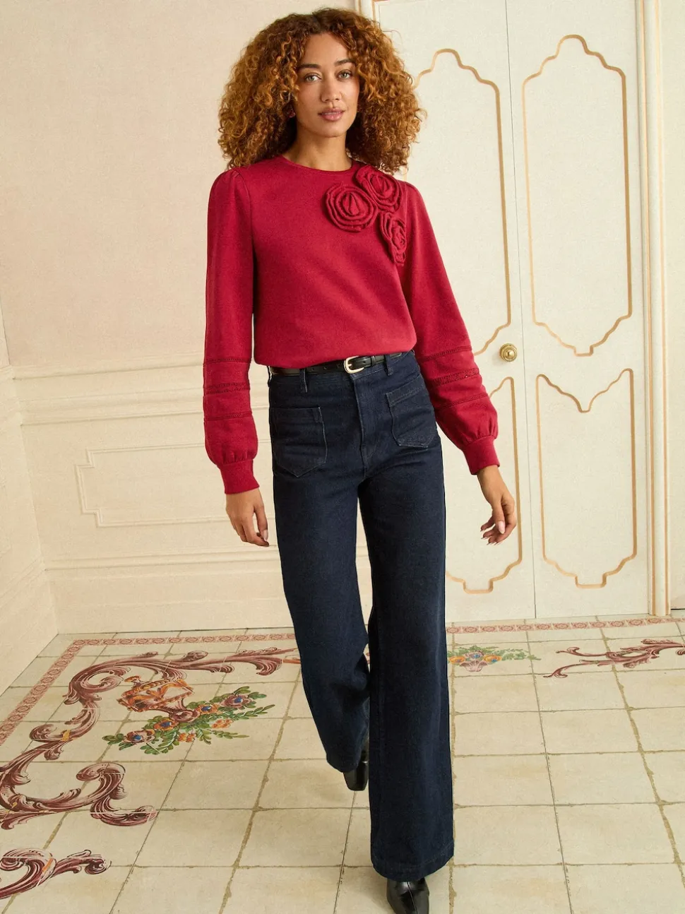 Love & Roses Red Corsage Detail Crew Neck Jersey Sweatshirt