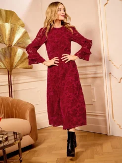 Love & Roses Red Floral Burnout Ruffle Midi Dress