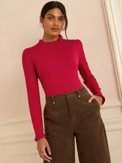 Love & Roses Red Frill Neck Long Sleeve Jersey Top
