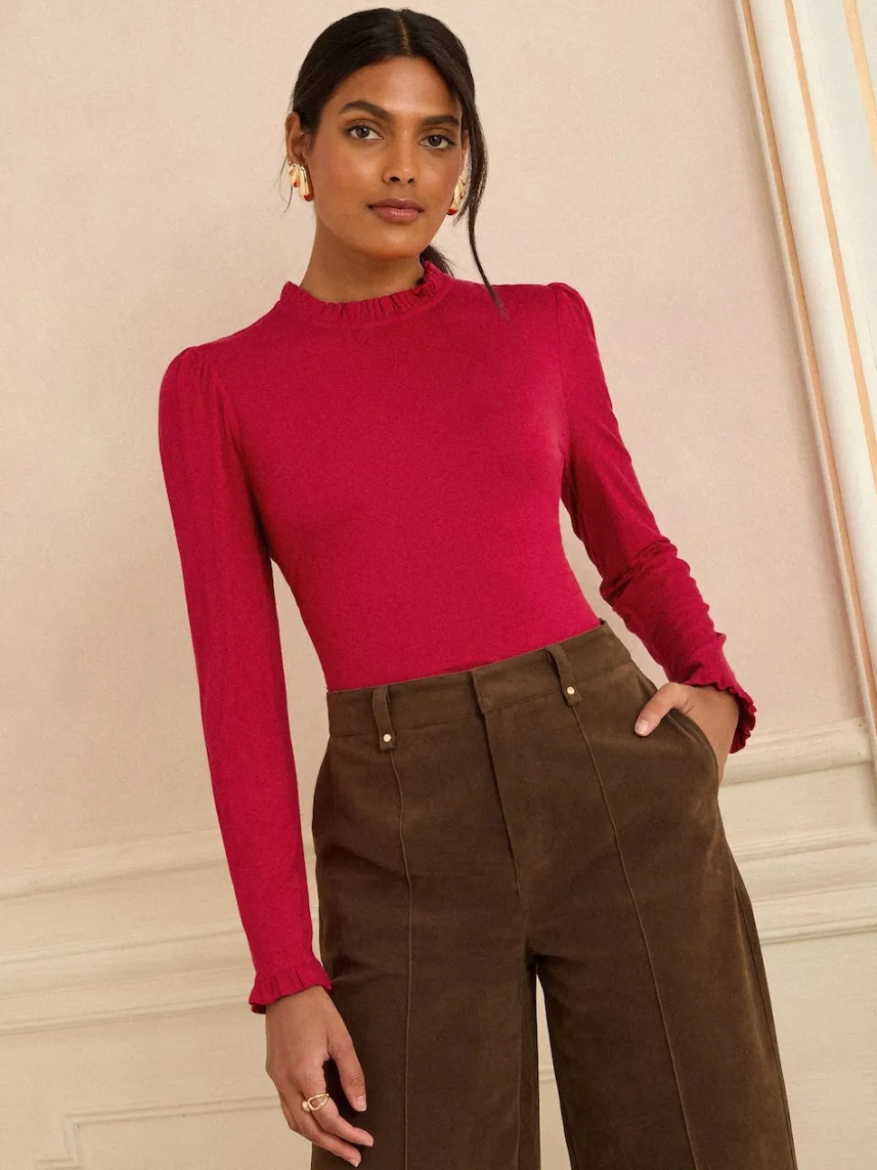 Love & Roses Red Frill Neck Long Sleeve Jersey Top