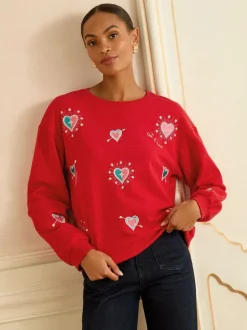 Love & Roses Red Heart Embroidery Crew Neck Jersey Sweatshirt