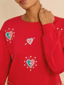 Love & Roses Red Heart Embroidery Crew Neck Jersey Sweatshirt