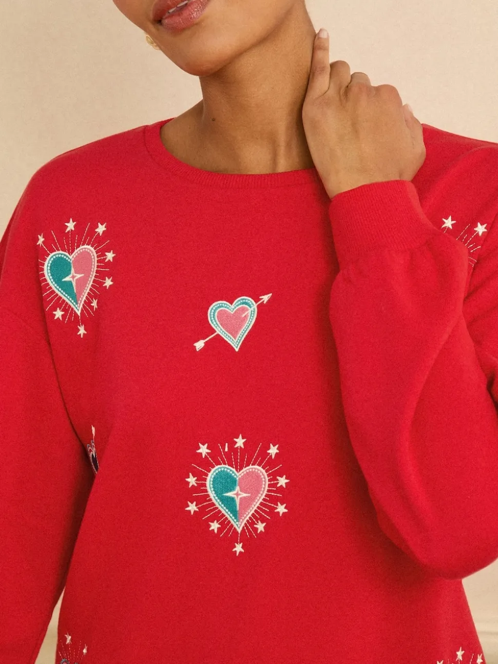 Love & Roses Red Heart Embroidery Crew Neck Jersey Sweatshirt