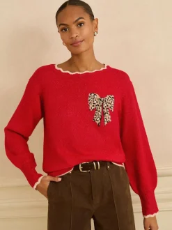 Love & Roses Red Leopard Print Bow Scallop Knitted Jumper