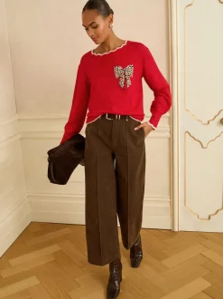 Love & Roses Red Leopard Print Bow Scallop Knitted Jumper