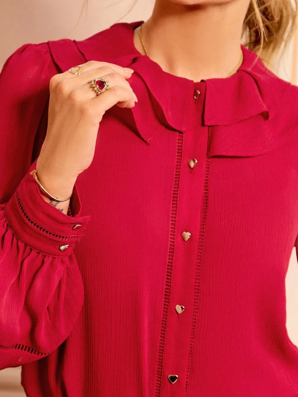 Love & Roses Red Long Sleeve Frill Collar Blouse