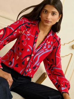 Love & Roses Red Print Notch Neck Long Sleeve Blouse