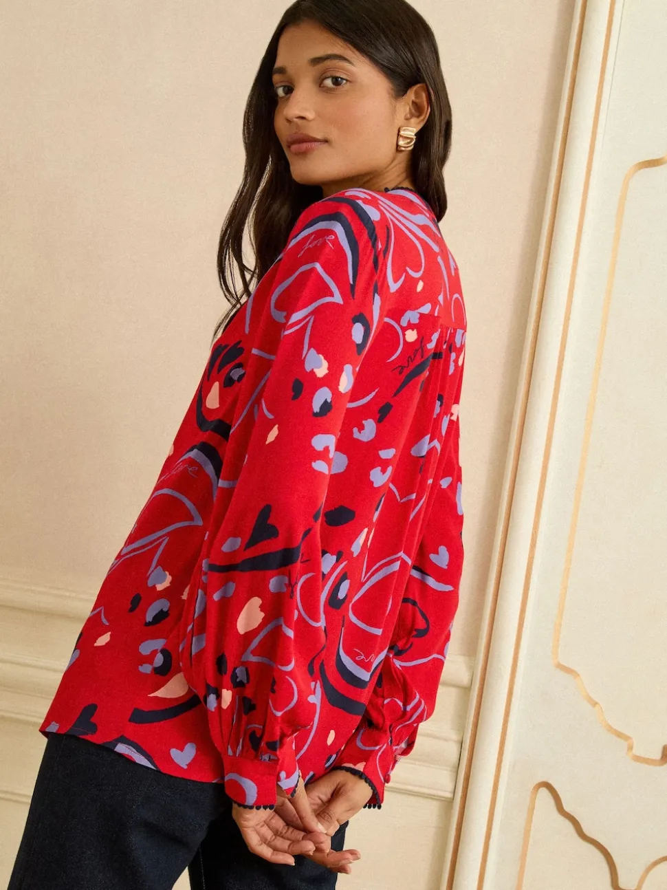 Love & Roses Red Print Notch Neck Long Sleeve Blouse