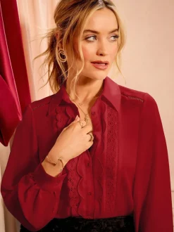Love & Roses Red Scallop Button Through Long Sleeve Shirt