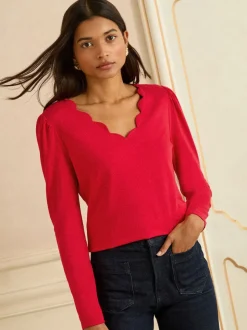 Love & Roses Red Scallop V-Neck Long Sleeve Jersey Top