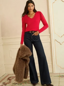 Love & Roses Red Scallop V-Neck Long Sleeve Jersey Top