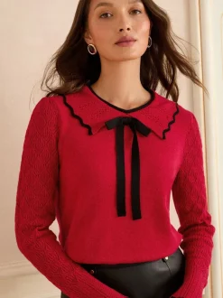 Love & Roses Red Tipped Bow Knitted Collar Jumper