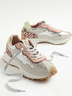 Love & Roses Silver Glitter Mix Material Retro Comfort Jogger Trainers