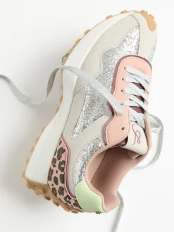 Love & Roses Silver Glitter Mix Material Retro Comfort Jogger Trainers
