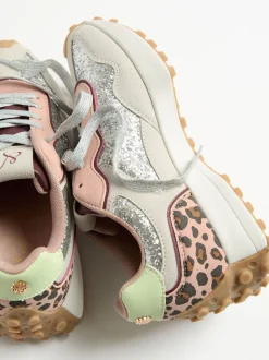 Love & Roses Silver Glitter Mix Material Retro Comfort Jogger Trainers