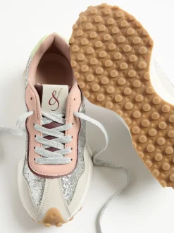 Love & Roses Silver Glitter Mix Material Retro Comfort Jogger Trainers