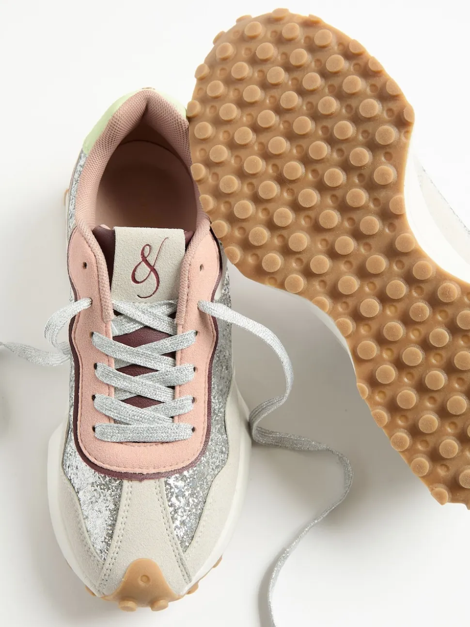 Love & Roses Silver Glitter Mix Material Retro Comfort Jogger Trainers
