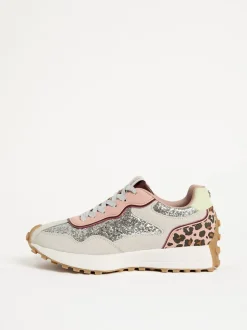 Love & Roses Silver Glitter Mix Material Retro Comfort Jogger Trainers