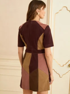 Love & Roses Tan Brown and Pink Faux Suede Mix Mini Dress